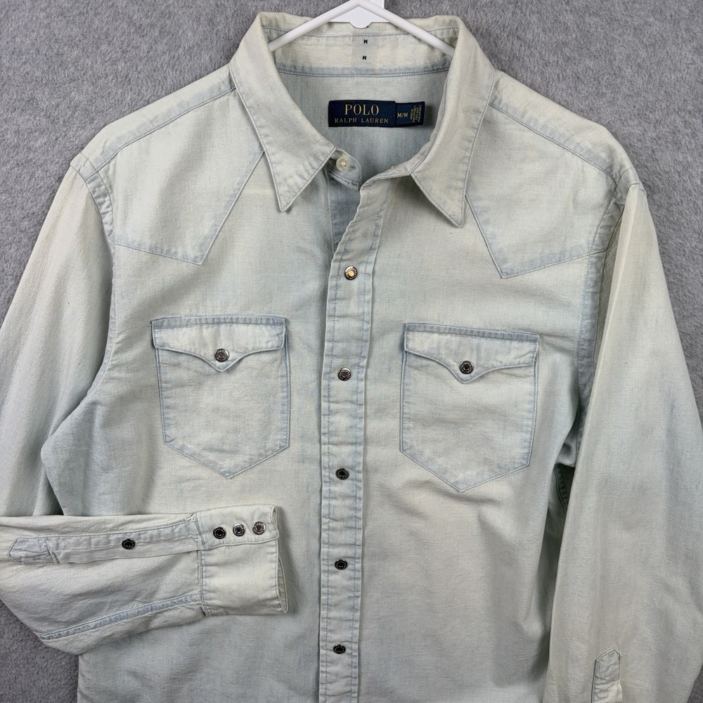 Polo Ralph Lauren Shirt Men Medium Light Wash Chambray Metal Button Snap Western